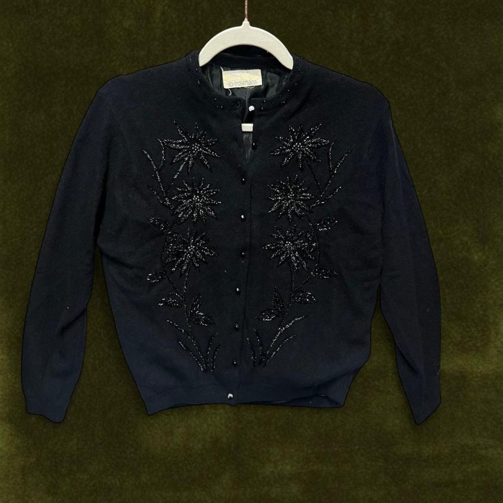 RARE TRUE VINTAGE 1950s Cocktail Black Beaded Floral Cardigan Sweater s/m